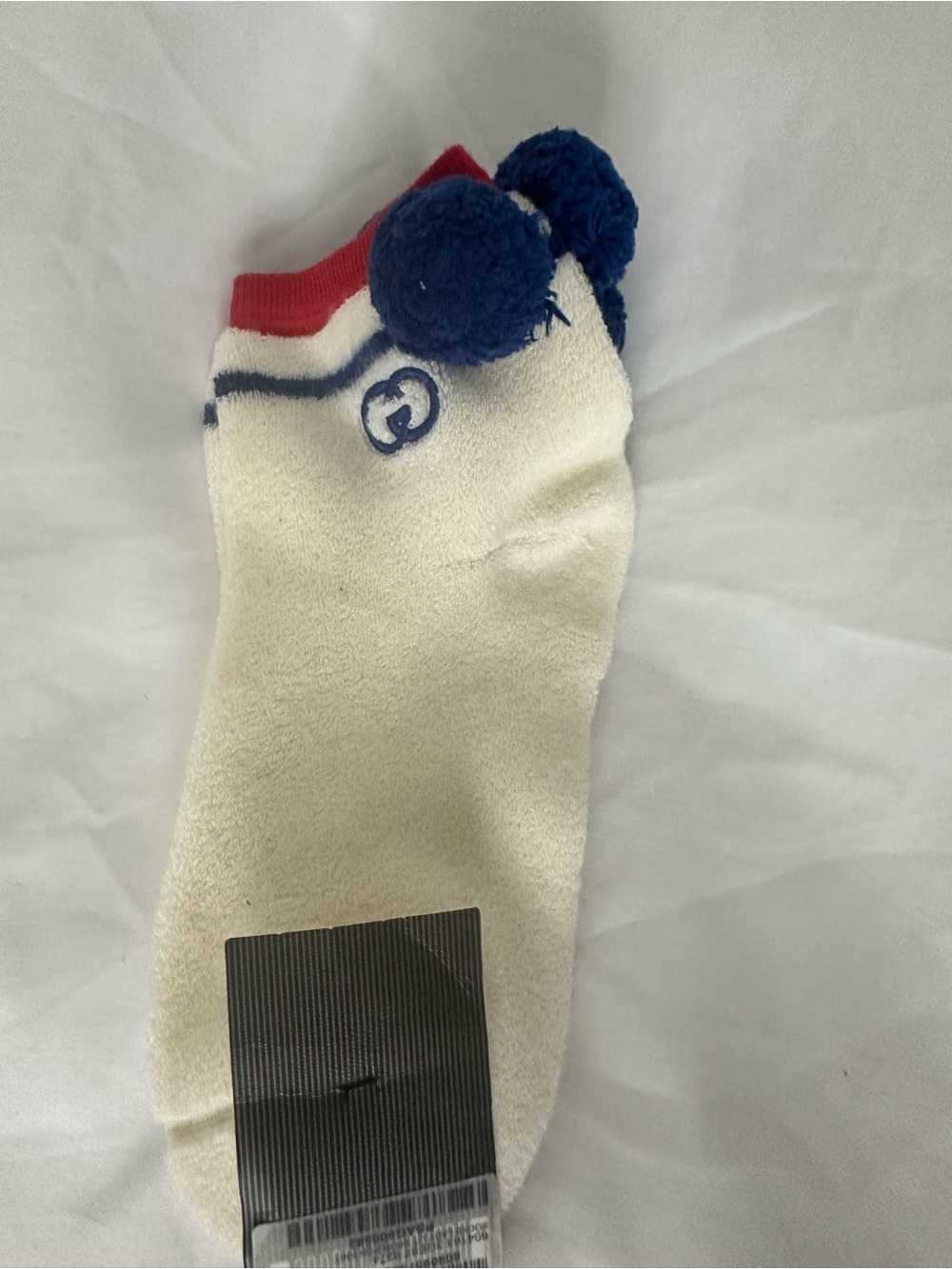 Fendi Cream Ankle Sock with Navy Pom-Poms and Red Trim